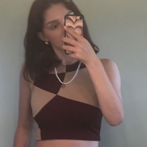 Super Cute Geometric Brown/Beige Crop Top YesStyle
